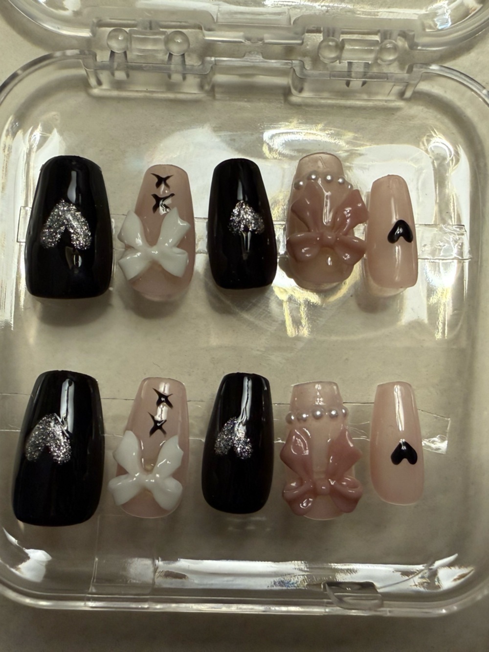 Black and Nude Press-On Nails with Silver Accents